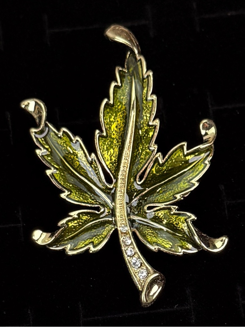 Vintage Green Leaf Enamel Brooch with Crystal Accent